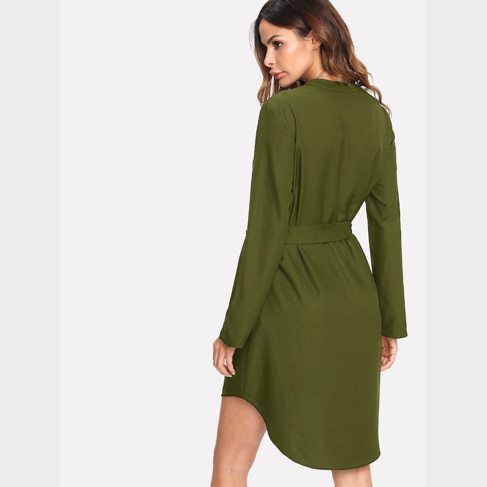 Army Green Belted Shirt Dress Asymmetric Hem - Picture 3 of 6